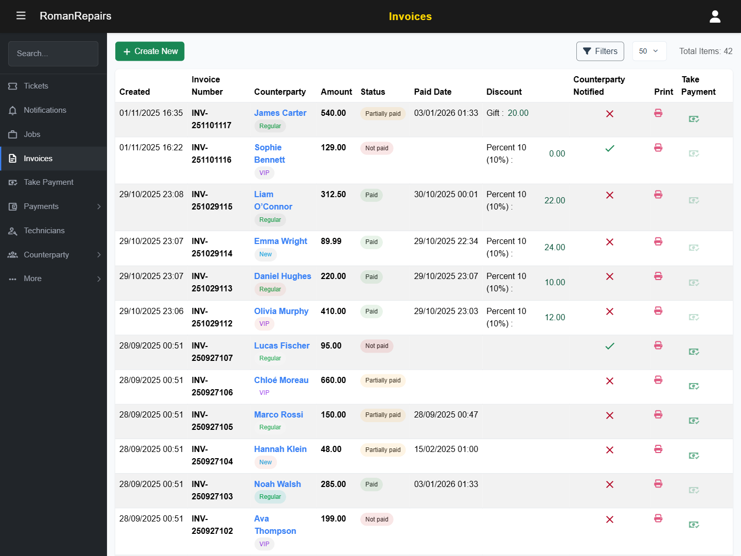 Invoice list and management