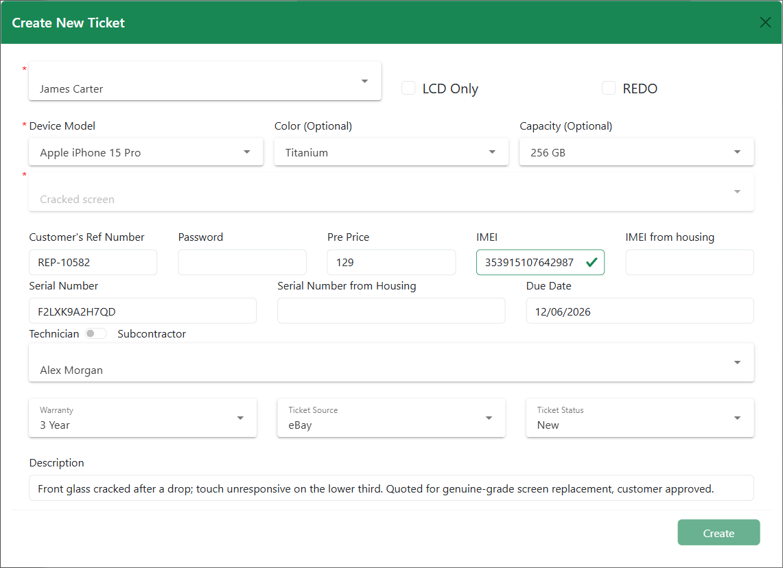 Ticket intake — customer and device information