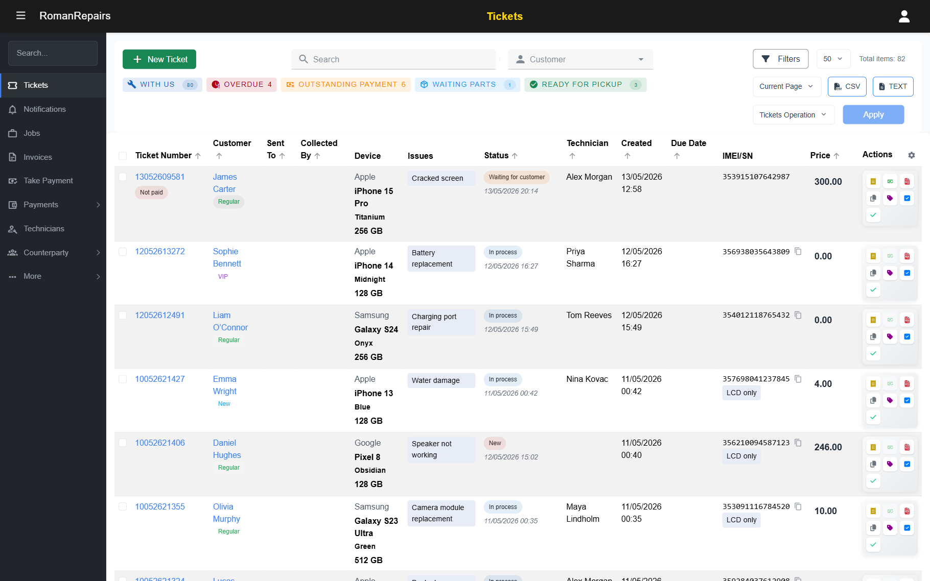 Repair tracking — ticket board with status overview